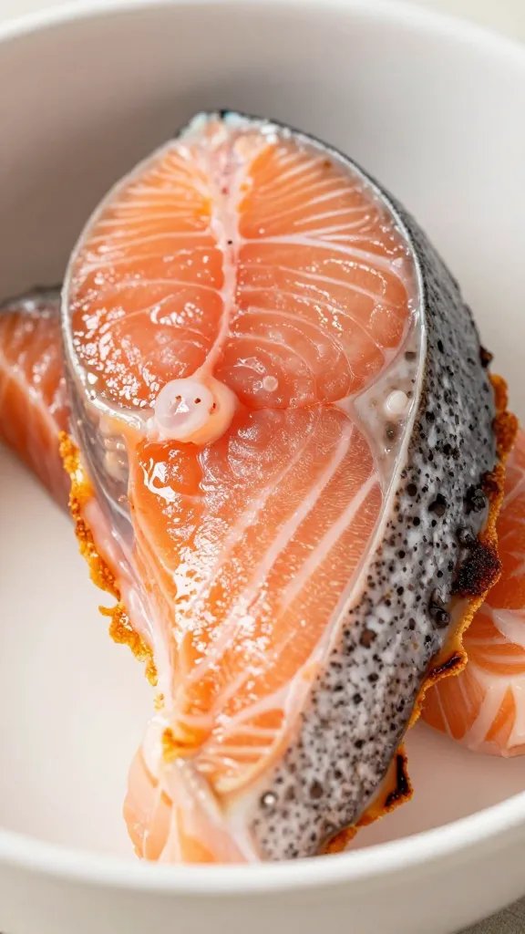 closeup of intact salmon skin crispy edge in bowl
