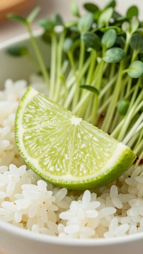 closeup of lime wedge and microgreens on rice bowl