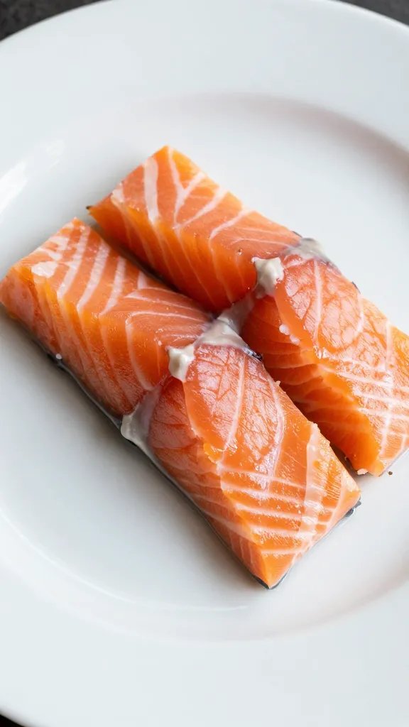 closeup of clean white plate presenting plated salmon bowl