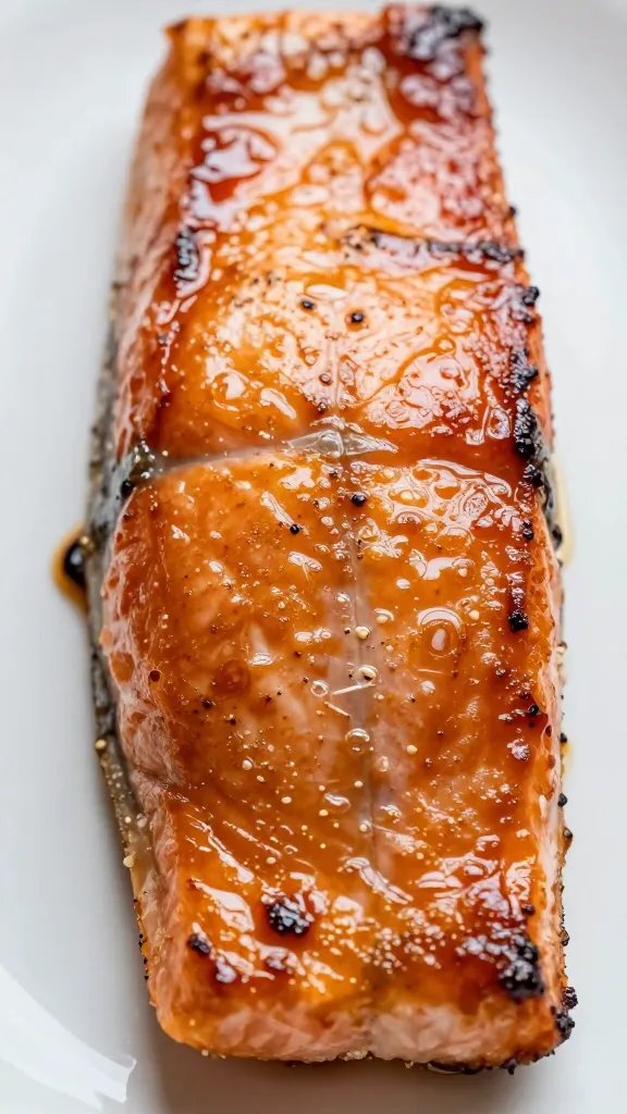 closeup of glazed teriyaki salmon fillet with caramelized edges