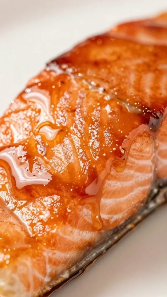 closeup of glossy teriyaki glaze dripping from salmon