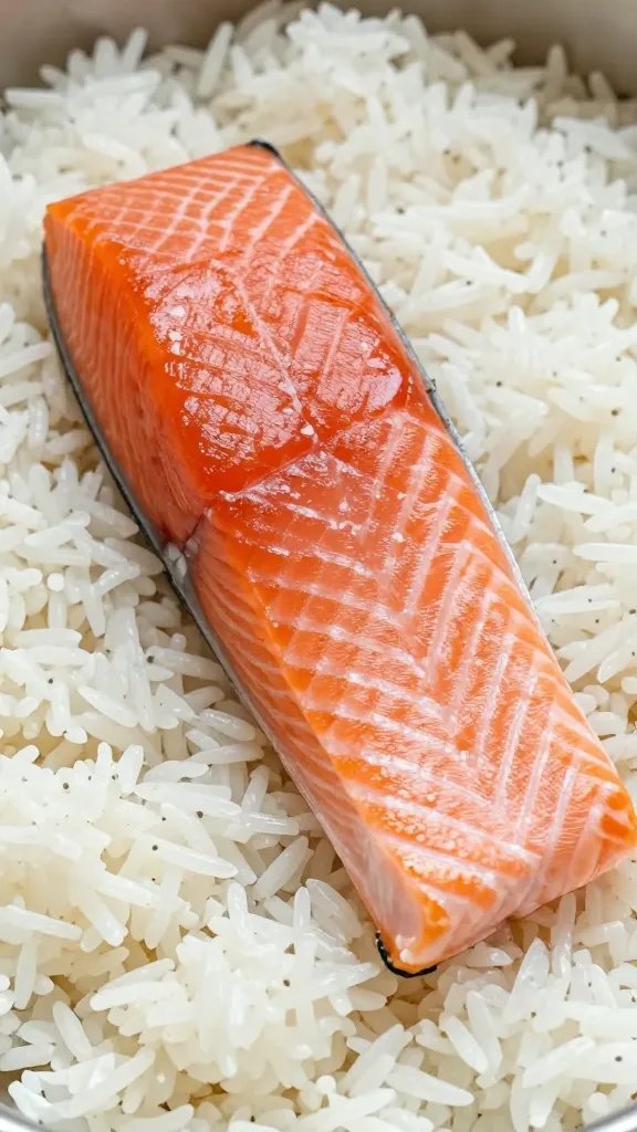 closeup of fluffy white rice bed beneath a single salmon fillet
