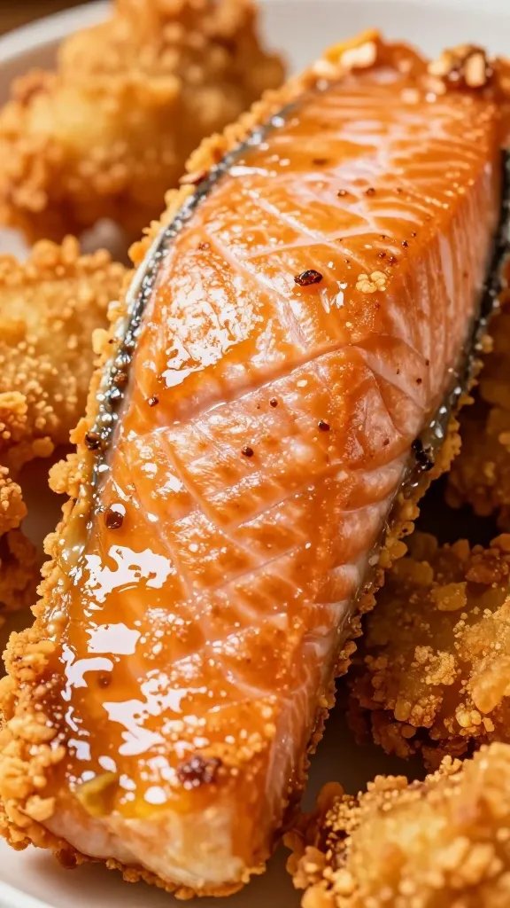 closeup of crispy-edged air-fried salmon with a shimmering glaze