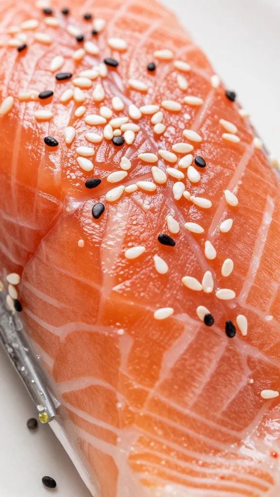 closeup of sesame seeds sprinkled on salmon surface