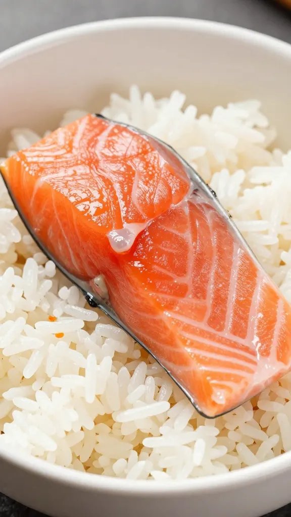 closeup of a single salmon piece perched on rice bowl