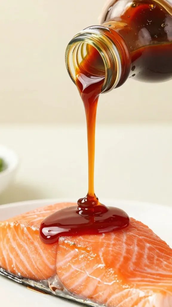 closeup of vibrant teriyaki sauce bottle pouring onto salmon