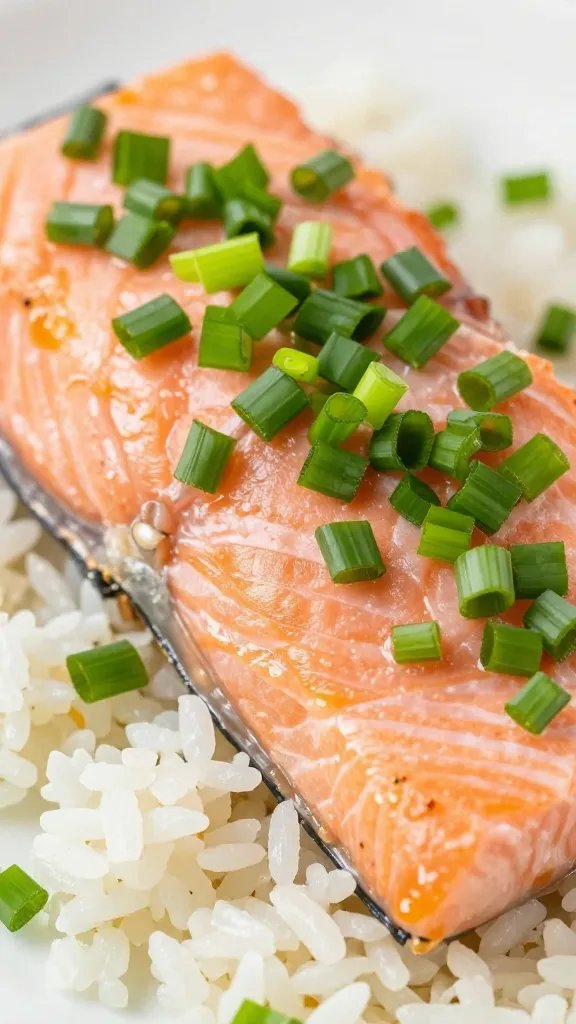 closeup of chopped scallions over salmon and rice
