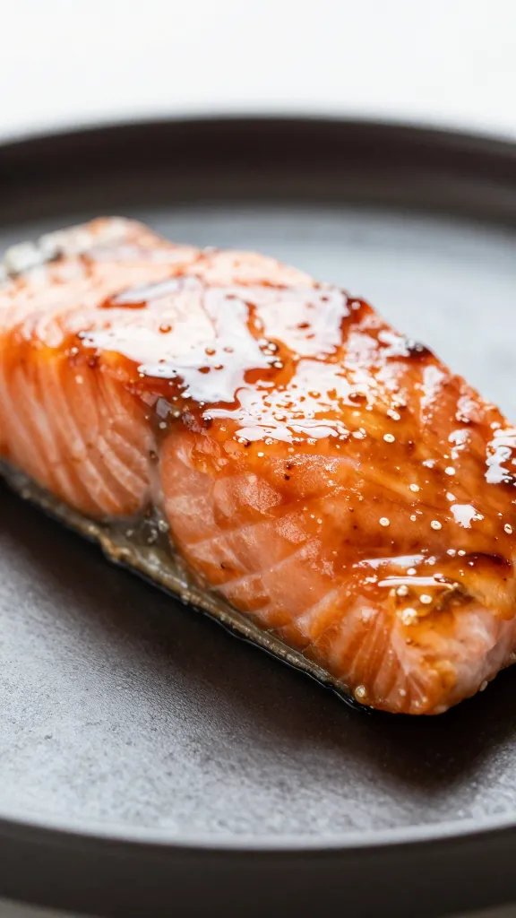 closeup of glossy teriyaki glaze on salmon against dark plate