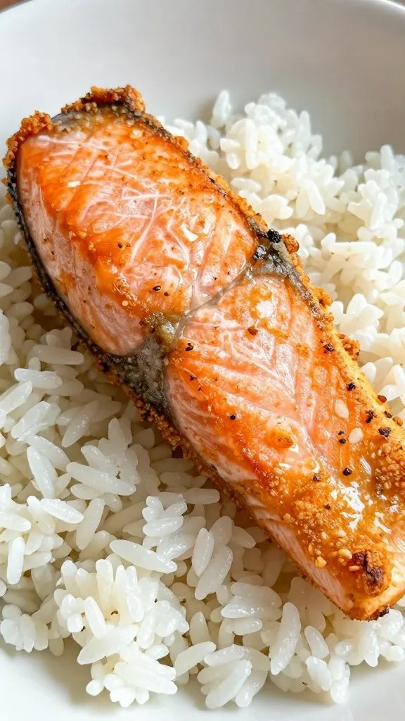 Closeup of a crisp air-fried salmon fillet on rice bowl