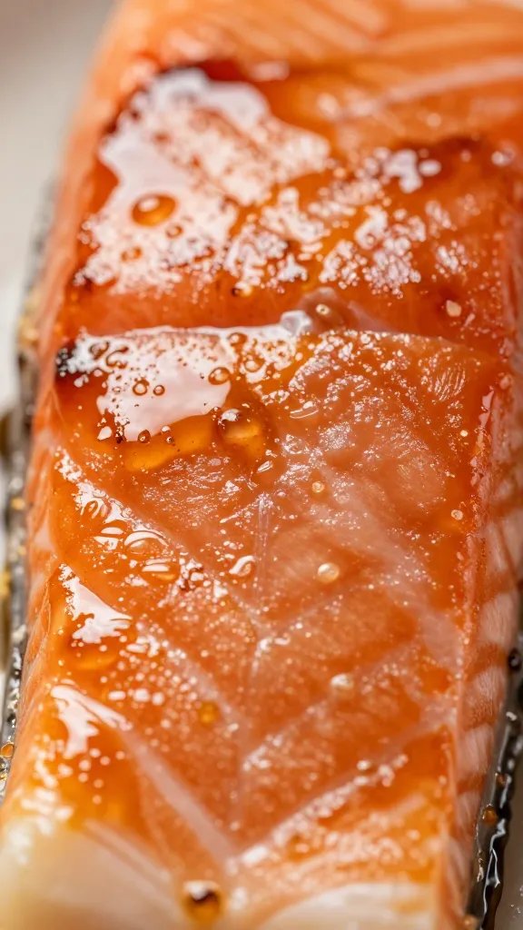 Closeup of glossy teriyaki glaze on salmon surface