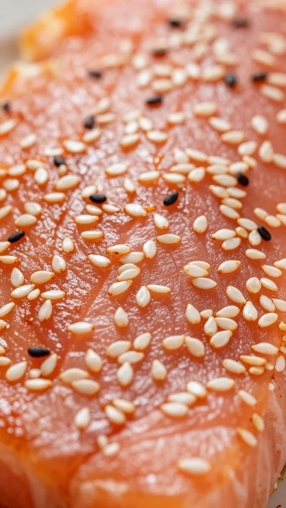 Closeup of sesame seeds sprinkled over flaky salmon