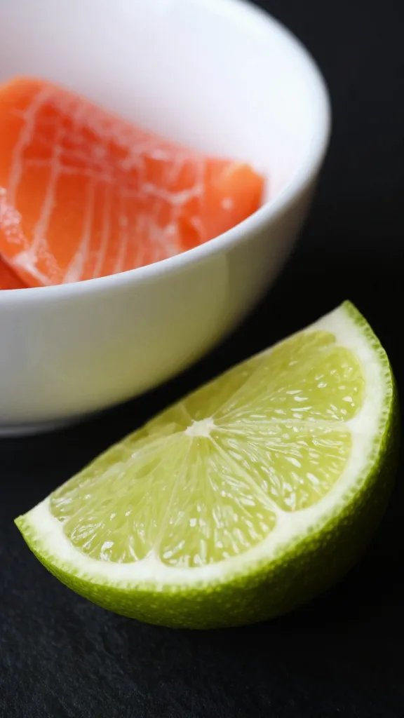 Closeup of bright lime wedge beside salmon bowl