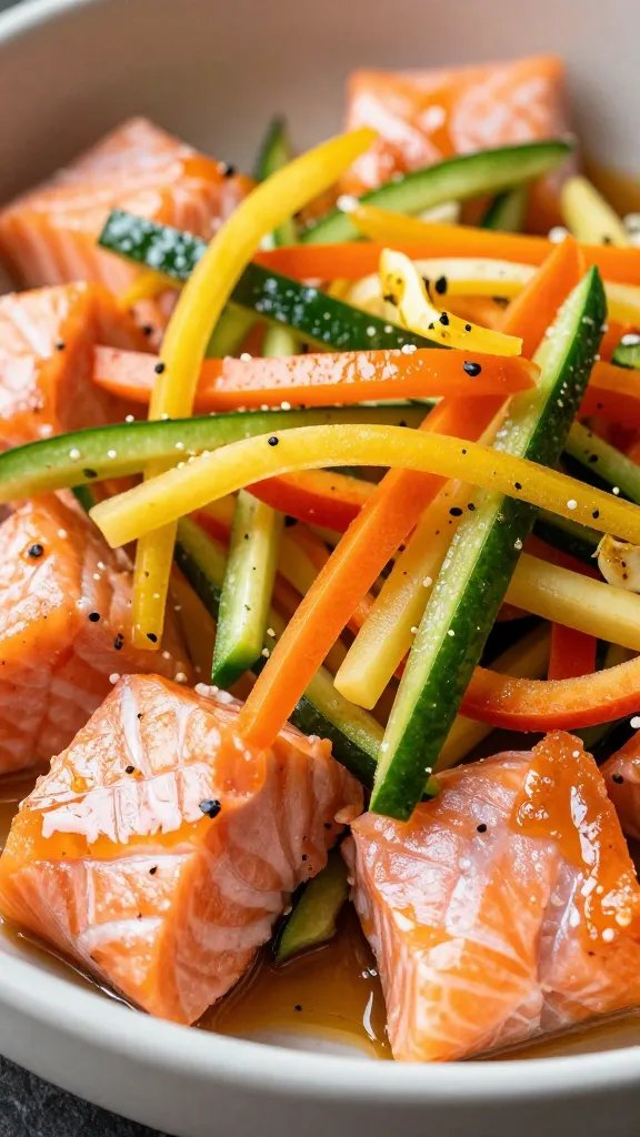 Closeup of vibrant shredded veggies topping salmon bowl