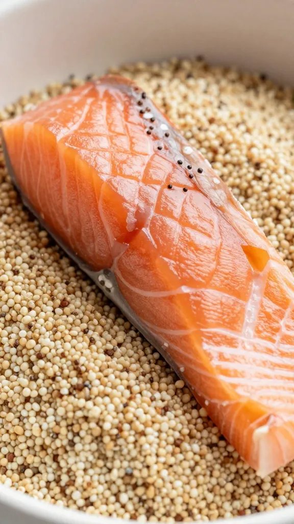 Closeup of fluffy quinoa under salmon in bowl