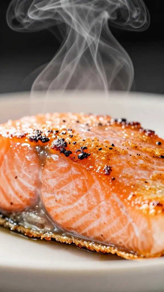 Closeup of crispy edge of salmon with steam