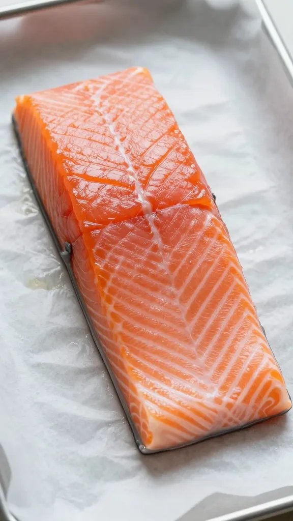 Closeup of single salmon fillet resting on baking parchment
