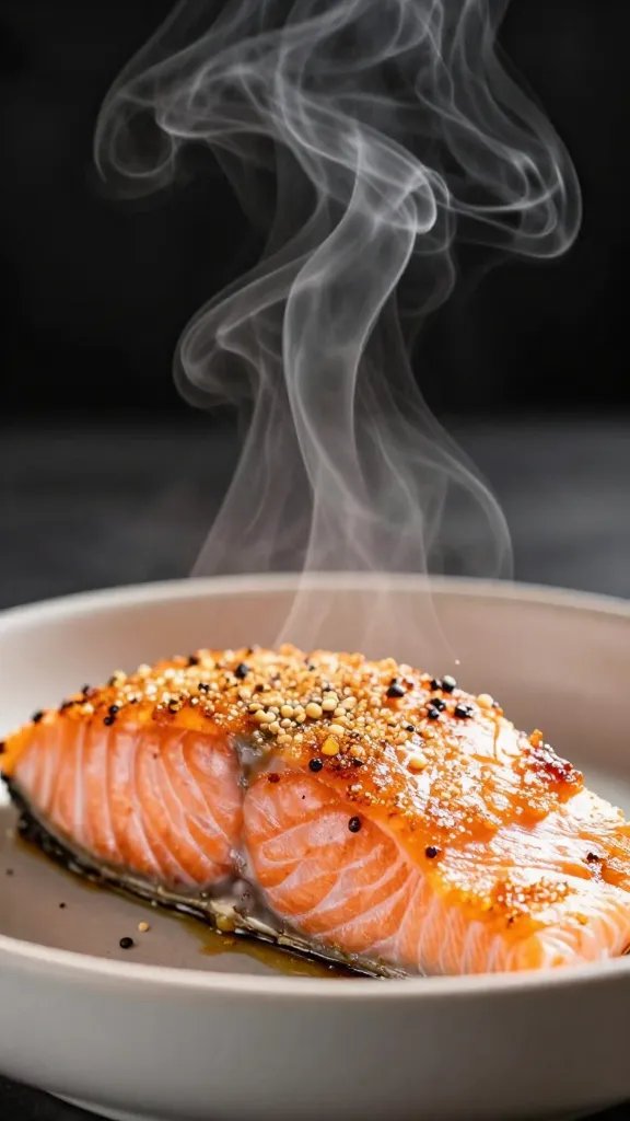 Closeup of steam rising from bowl with crisp salmon