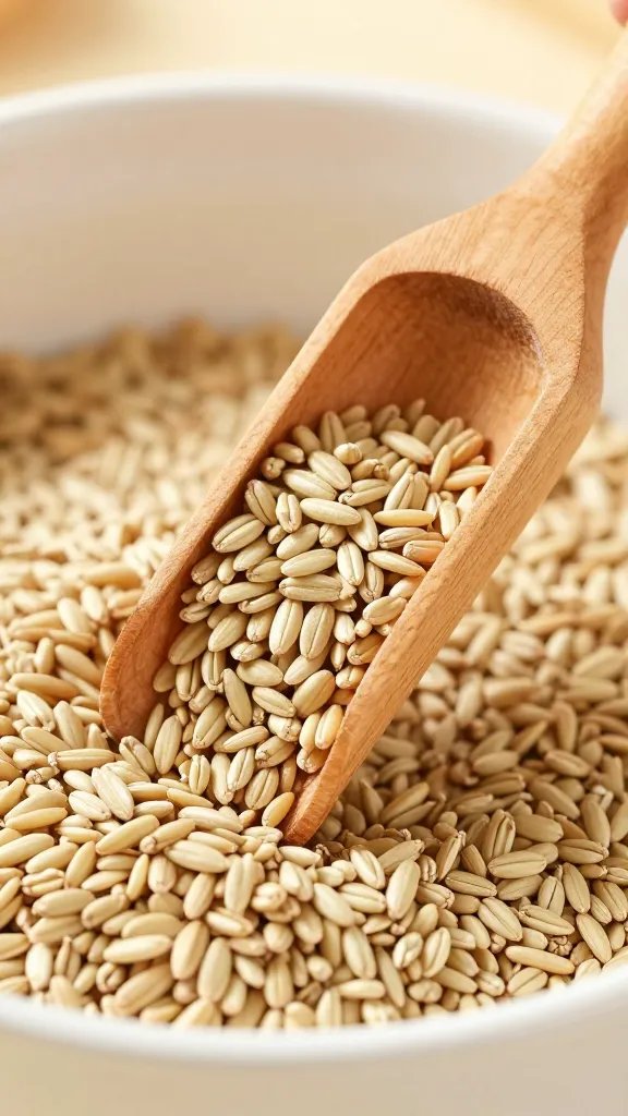 Closeup of a wooden spoon scooping grains beside salmon bowl