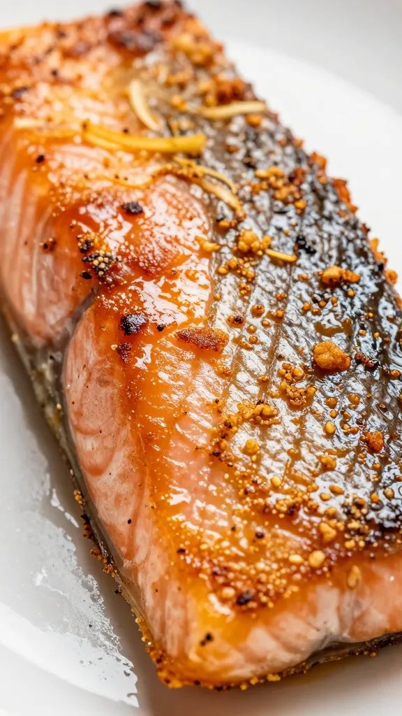 closeup of glazed air-fried sockeye salmon fillet skin crisp