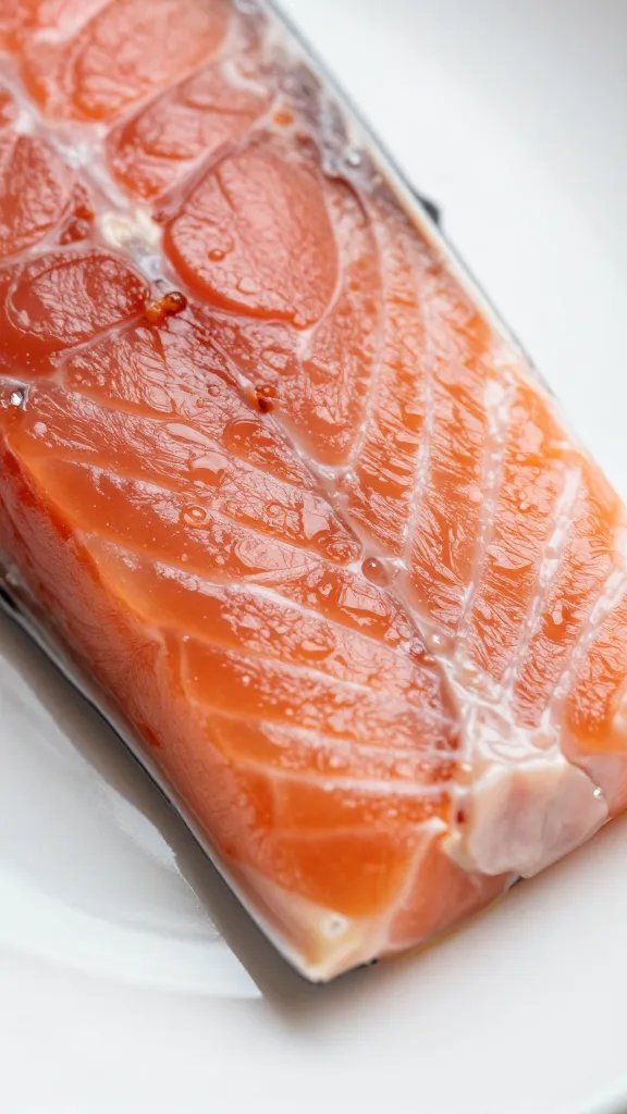 macro shot of flaky sockeye salmon interior on white plate