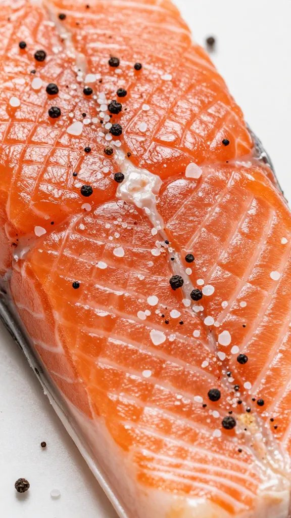 high-detail shot of salt and pepper seasoning on salmon surface