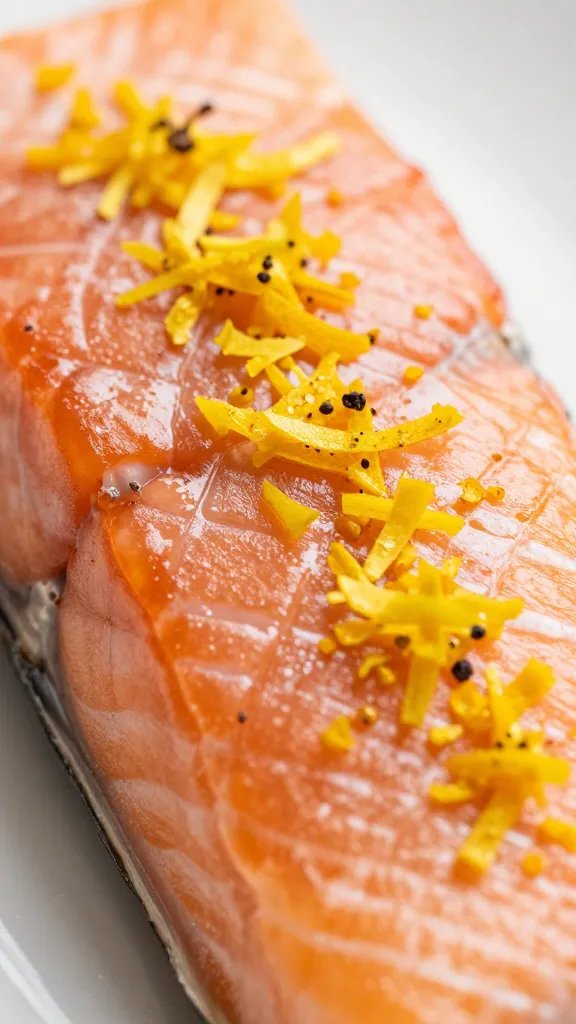 focused image of citrus zest atop salmon fillet
