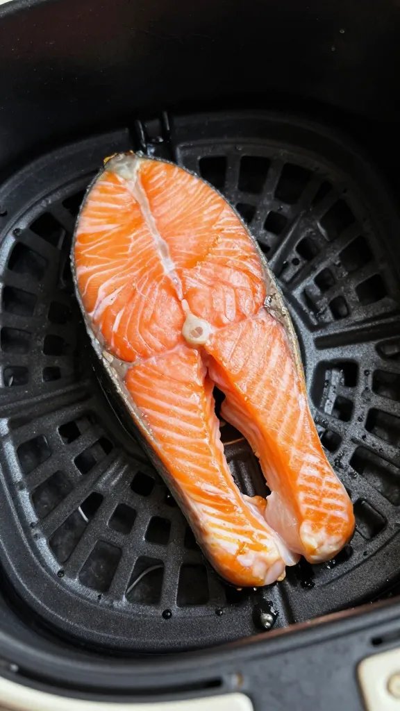 macro of air fryer basket lined, single salmon fillet resting
