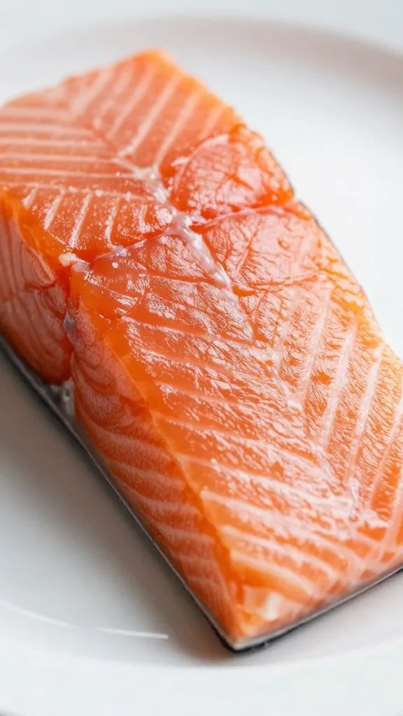closeup of juicy salmon segment with sheen on plate