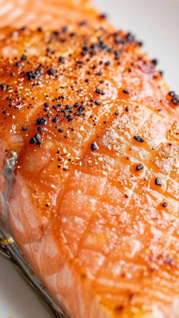 extreme closeup of caramelized crust on sockeye salmon