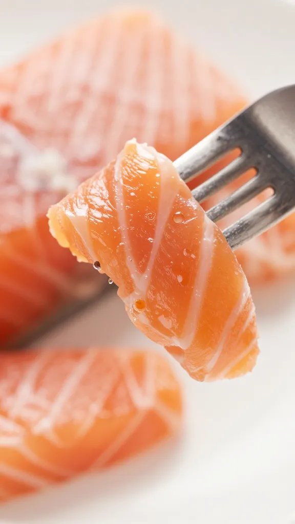 macro shot of fork pinching flaked salmon fillet