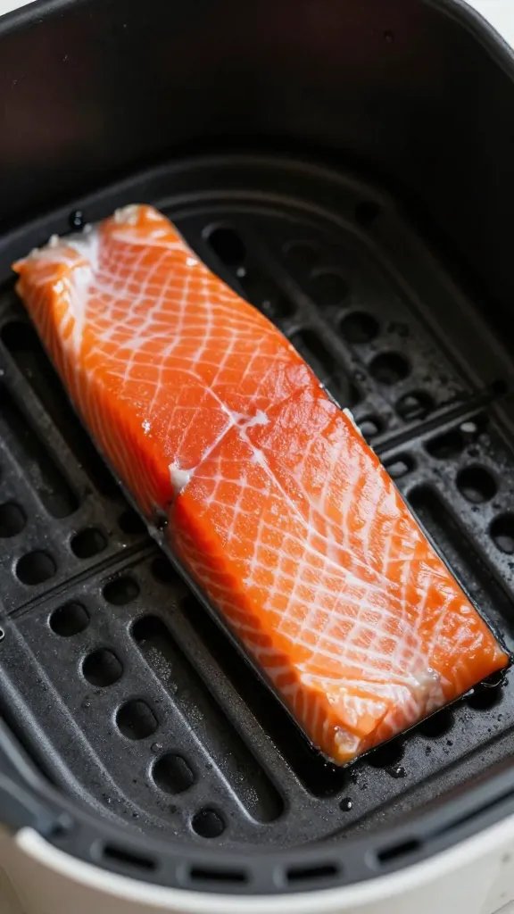 Closeup of a single Atlantic salmon fillet in air fryer basket