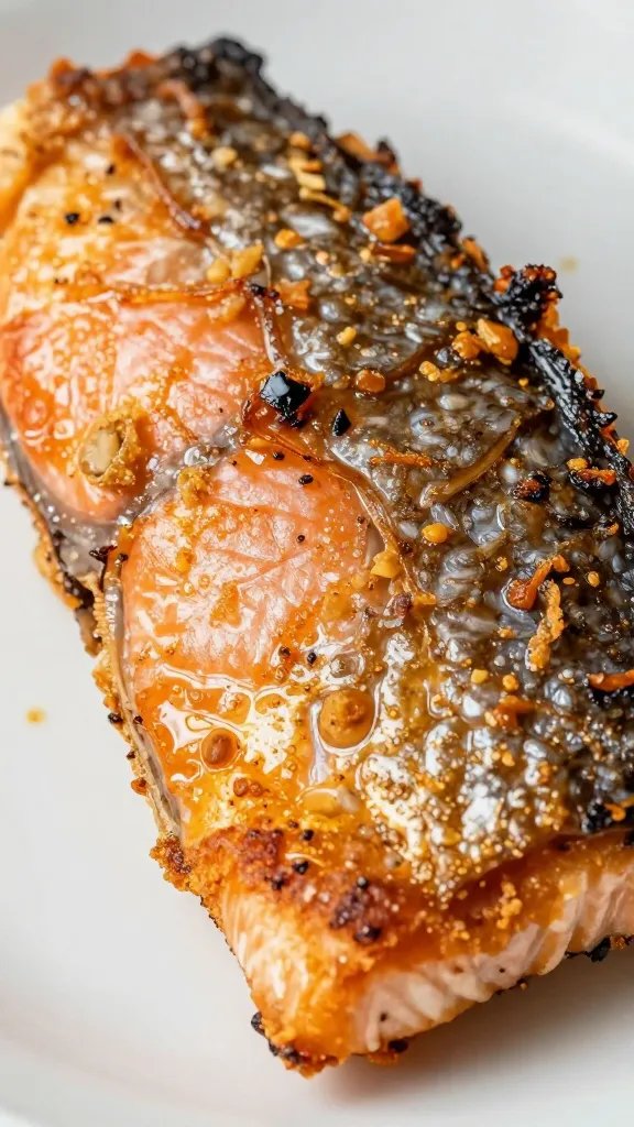 Closeup of crispy air-fried salmon skin on plate
