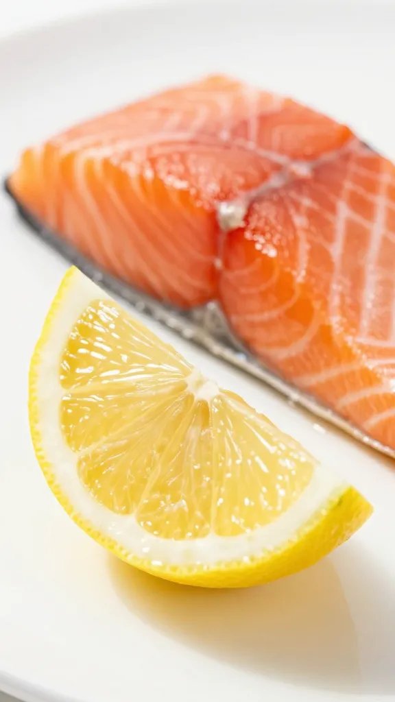 Single lemon wedge resting beside a salmon fillet