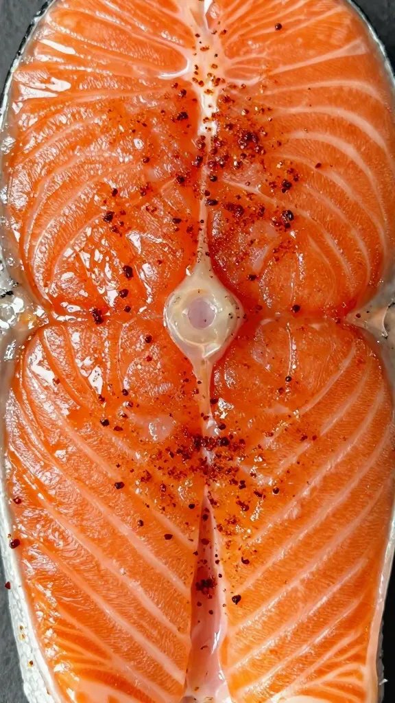 Closeup of seasoned salmon surface with paprika specks