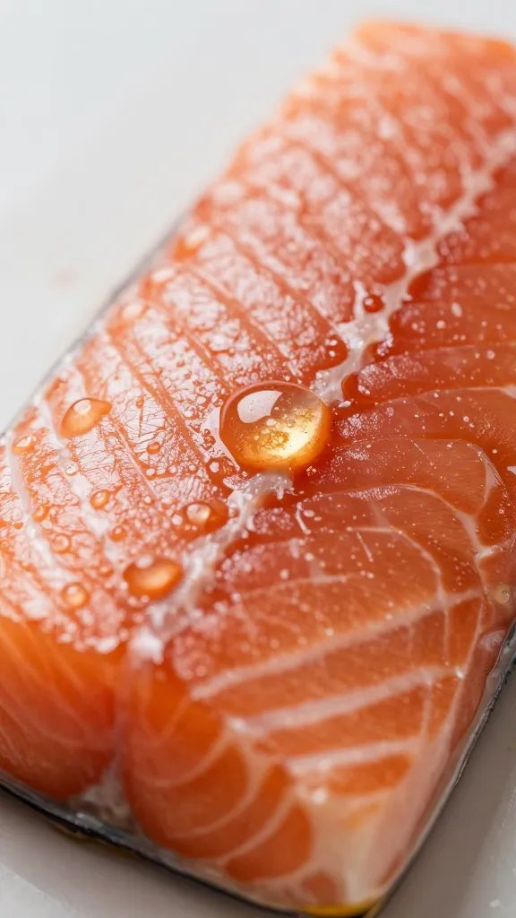 Single droplet of oil glistening on a salmon fillet