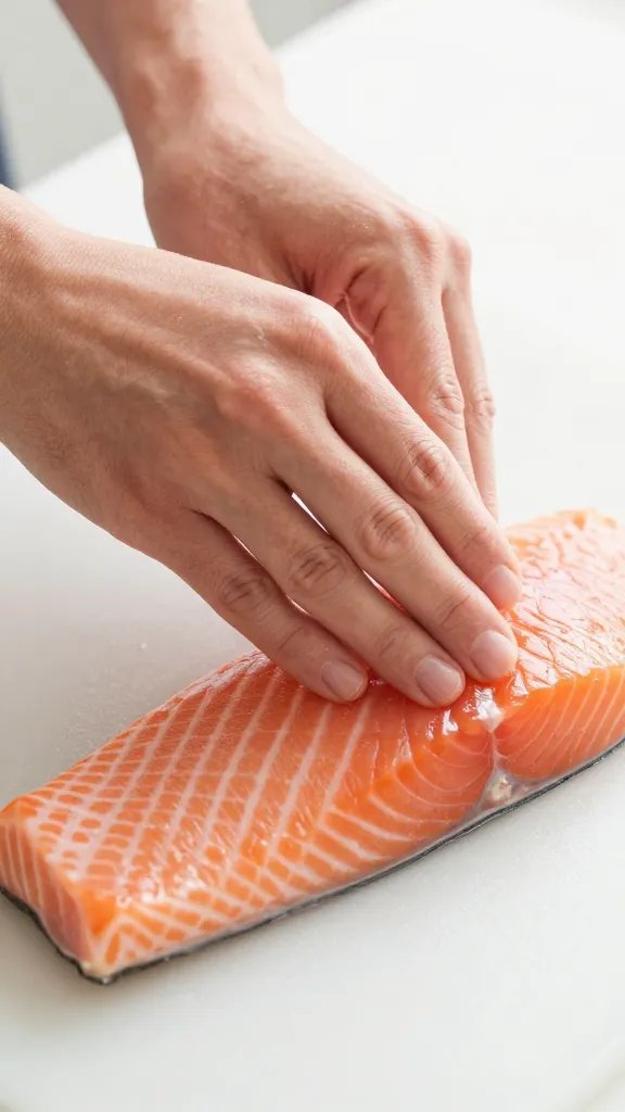 Closeup of dry patting hands preparing salmon fillet