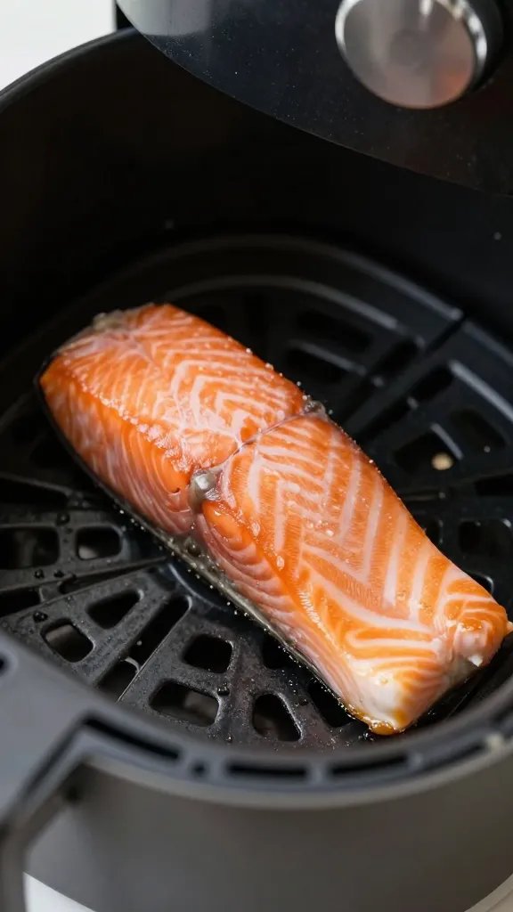 Closeup of air fryer basket edge with salmon center focus