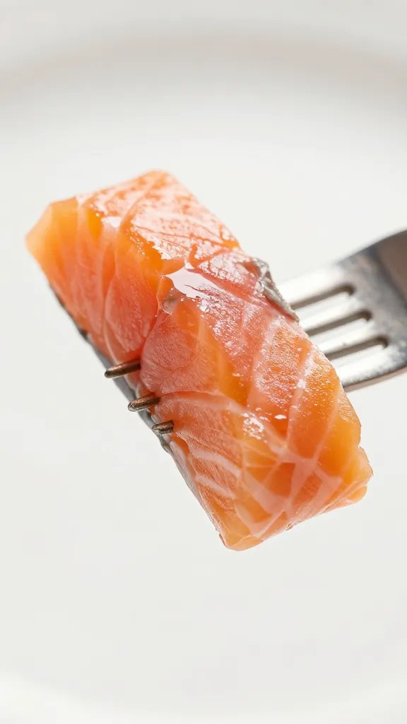 Single fork-twirled salmon flake on plate (macro)