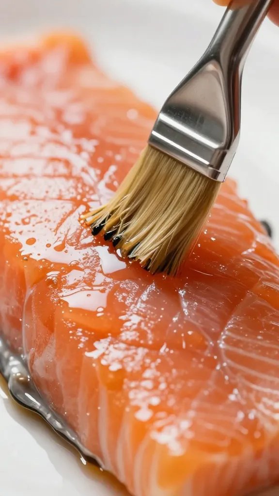 Closeup of glossy salmon glaze being brushed onto fillet