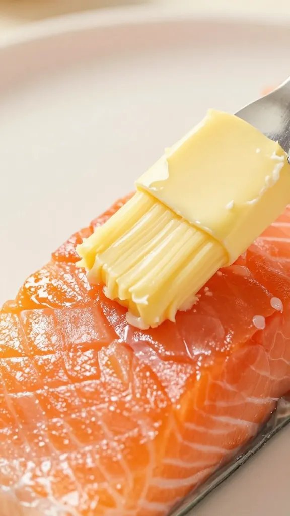 closeup of garlic butter brushing onto salmon fillet