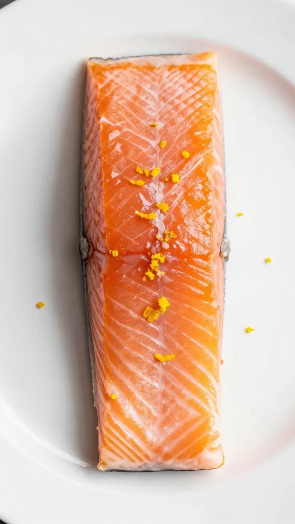 crisp-edged salmon fillet on white plate, citrus zest garnish