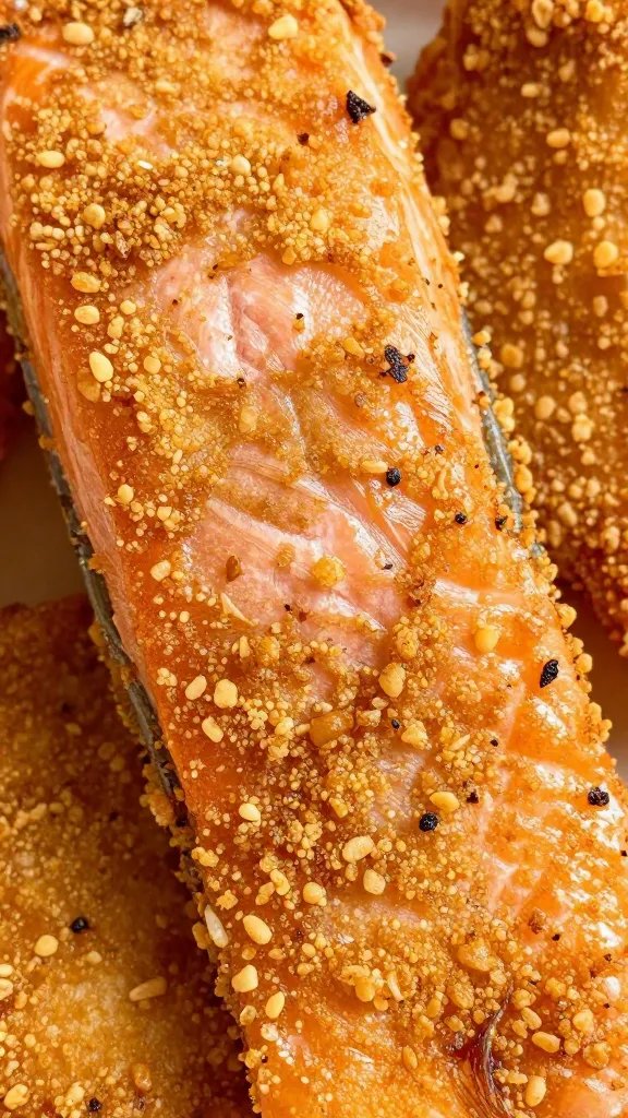 high-angle closeup: air-fried salmon texture, golden crust