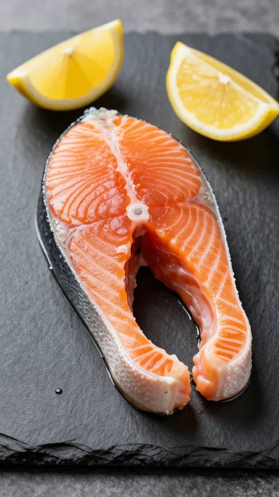 single salmon fillet on dark slate, lemon wedge