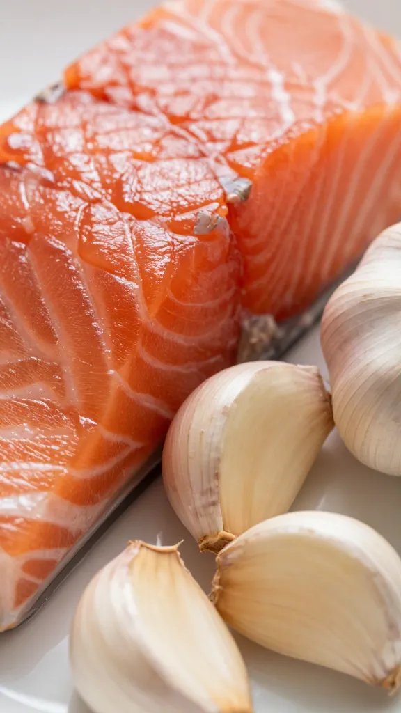closeup of garlic cloves beside salmon, buttery sheen