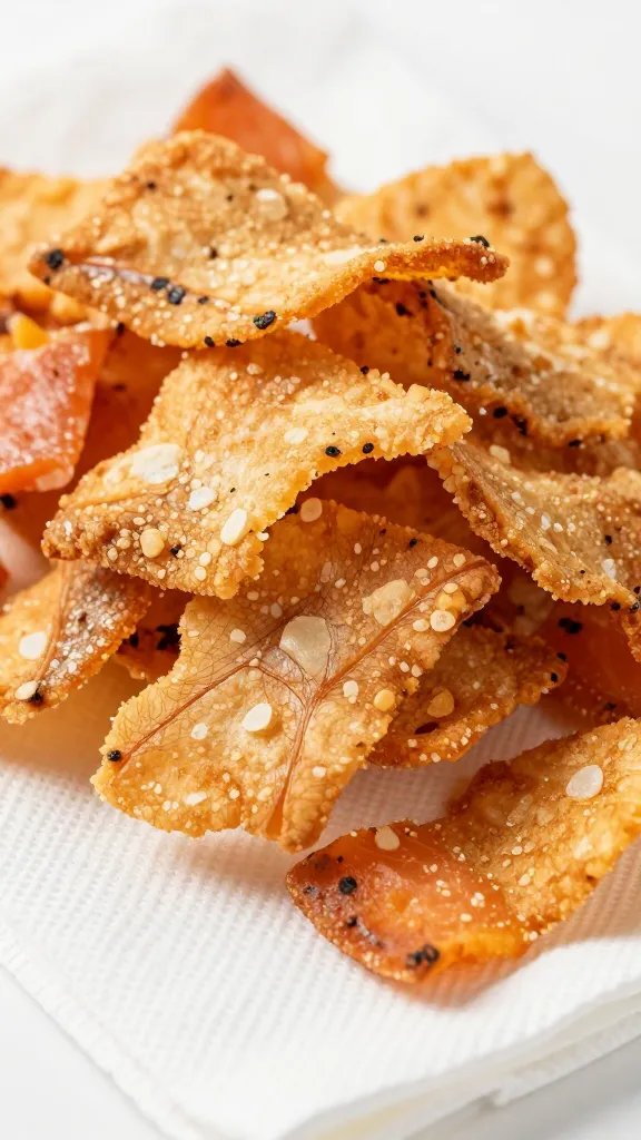closeup of salmon skin crisp against white napkin