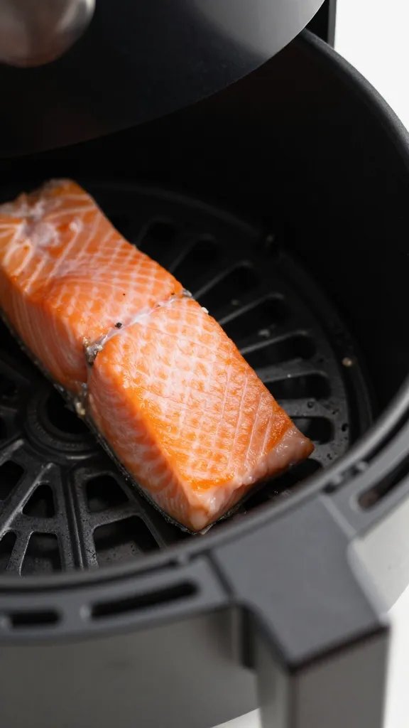 closeup of air fryer basket edge with salmon interior