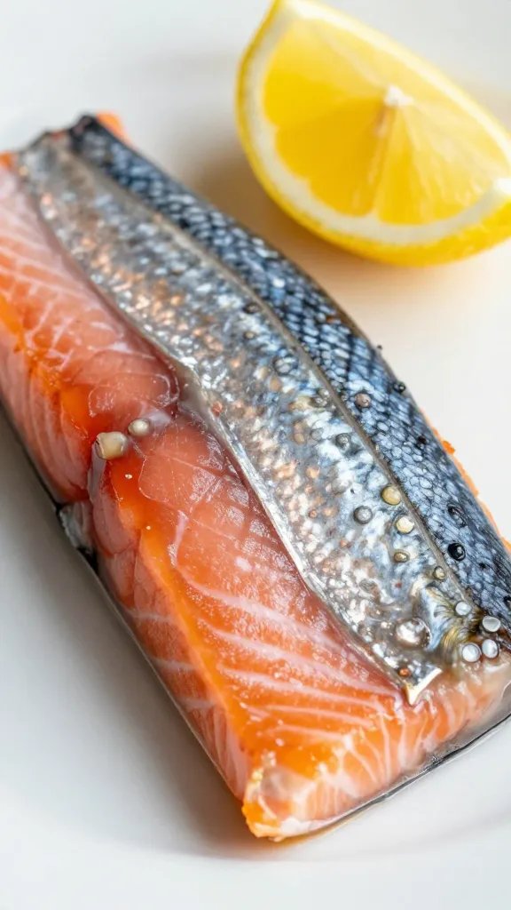 closeup dill salmon fillet with lemon wedge on plate