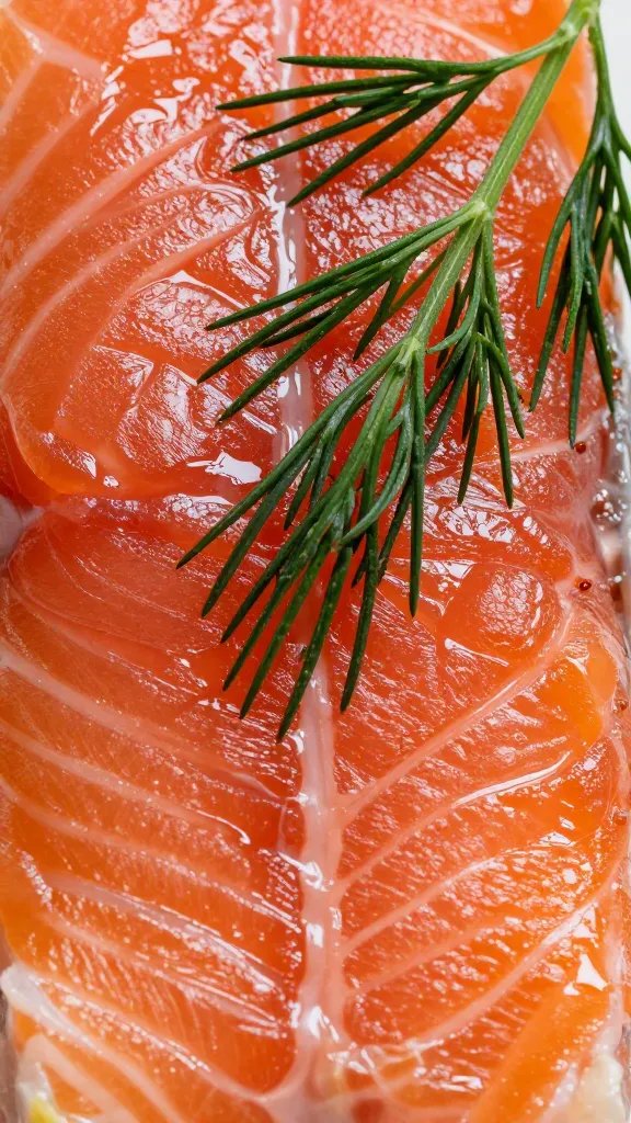 high-contrast macro of flaky salmon surface with dill sprigs