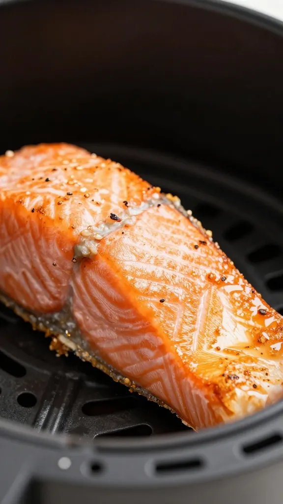 side view closeup of air fryer cooked salmon edge