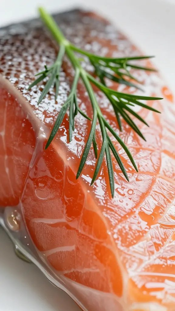 macro shot of dill garnish on glossy salmon skin